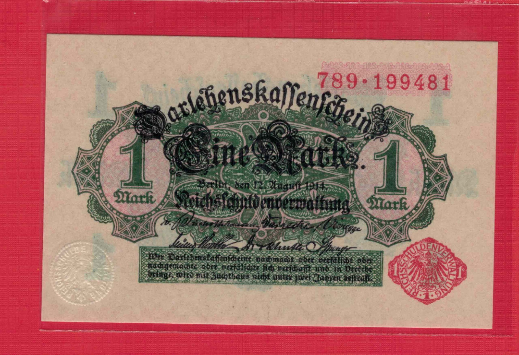 德国1914年1马克 红印 白底色 克劳斯目录P50 实物图 UNC   