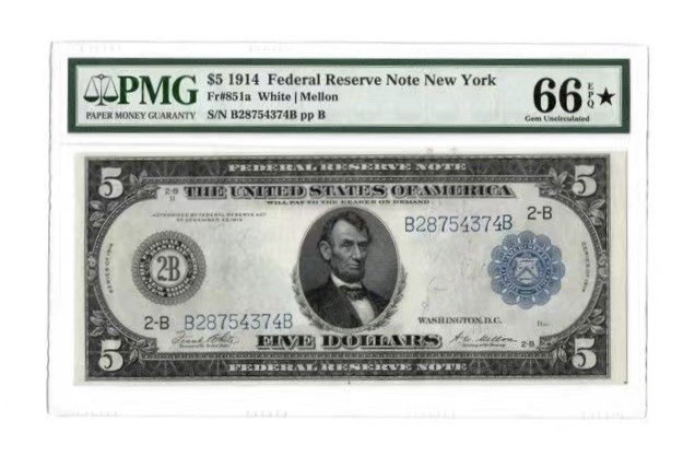 收藏联盟Quantum Auction 第180期拍卖 今晚七点开拍 美国1914年联邦储备5美元 PMG66＊ 大票幅 加星稀少