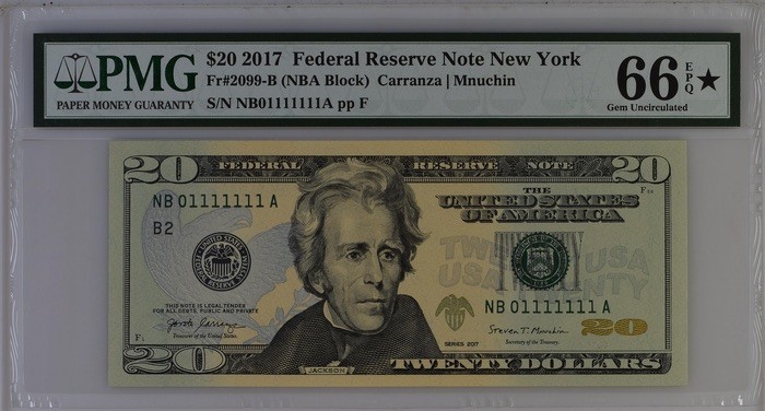 收藏联盟Quantum Auction 第180期拍卖 今晚七点开拍 美国2017年20元 PMG66* 二进制号 进全同 pmg认证备注 加星