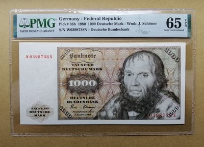 【Blue Auction】✨世界纸币精拍第208期【精】 - 德国 1980年1000马克 最高值 PMG65EPQ 经典舍那 绝品 雕刻精美