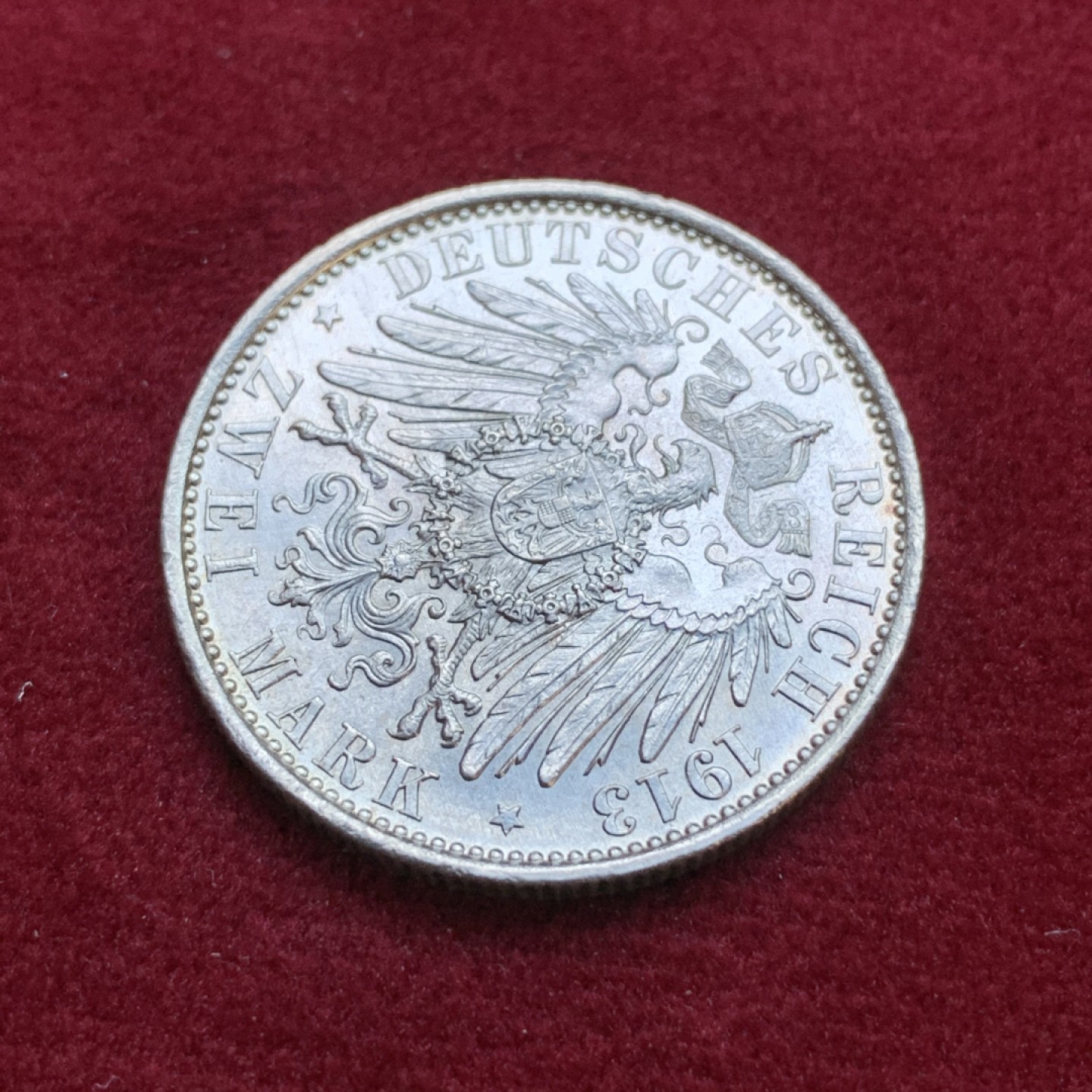 《竞宝斋》第79场-本周日，周一，周四3场拍卖（全场不限金额包邮） 德国普鲁士 1913年 军装版 2马克 银币 原光好品 少见品种