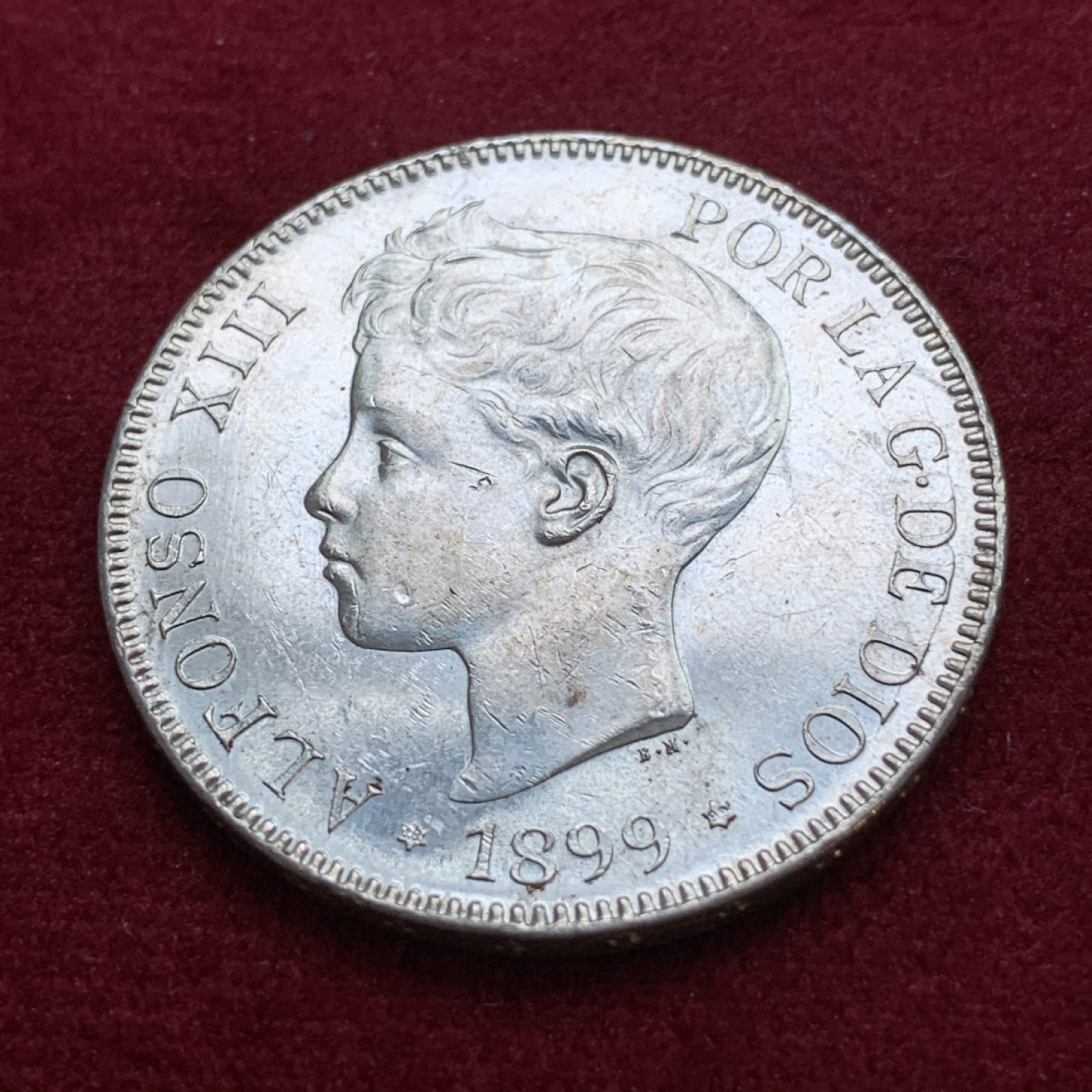 《竞宝斋》第79场-本周日，周一，周四3场拍卖（全场不限金额包邮） 西班牙 1899年 阿方索十三世 5比塞塔双柱 大银币 状态见图