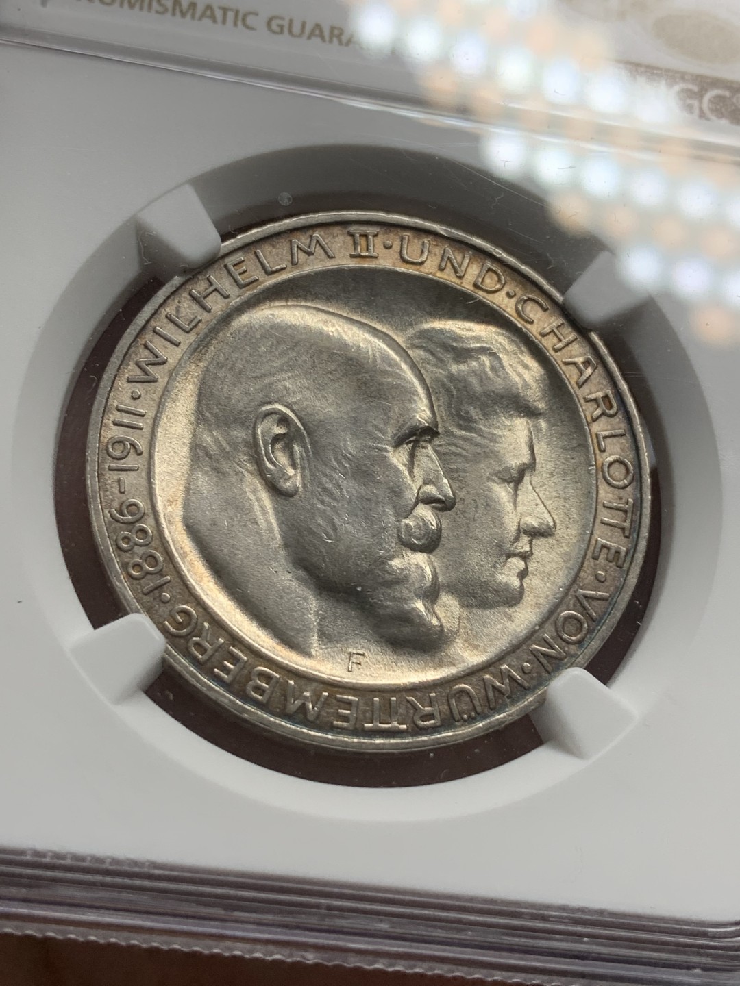 《竞宝斋》第79场-本周日，周一，周四3场拍卖（全场不限金额包邮） NGC-MS64 德国1911-F年 符腾堡金婚 3马克银币   味道也不错