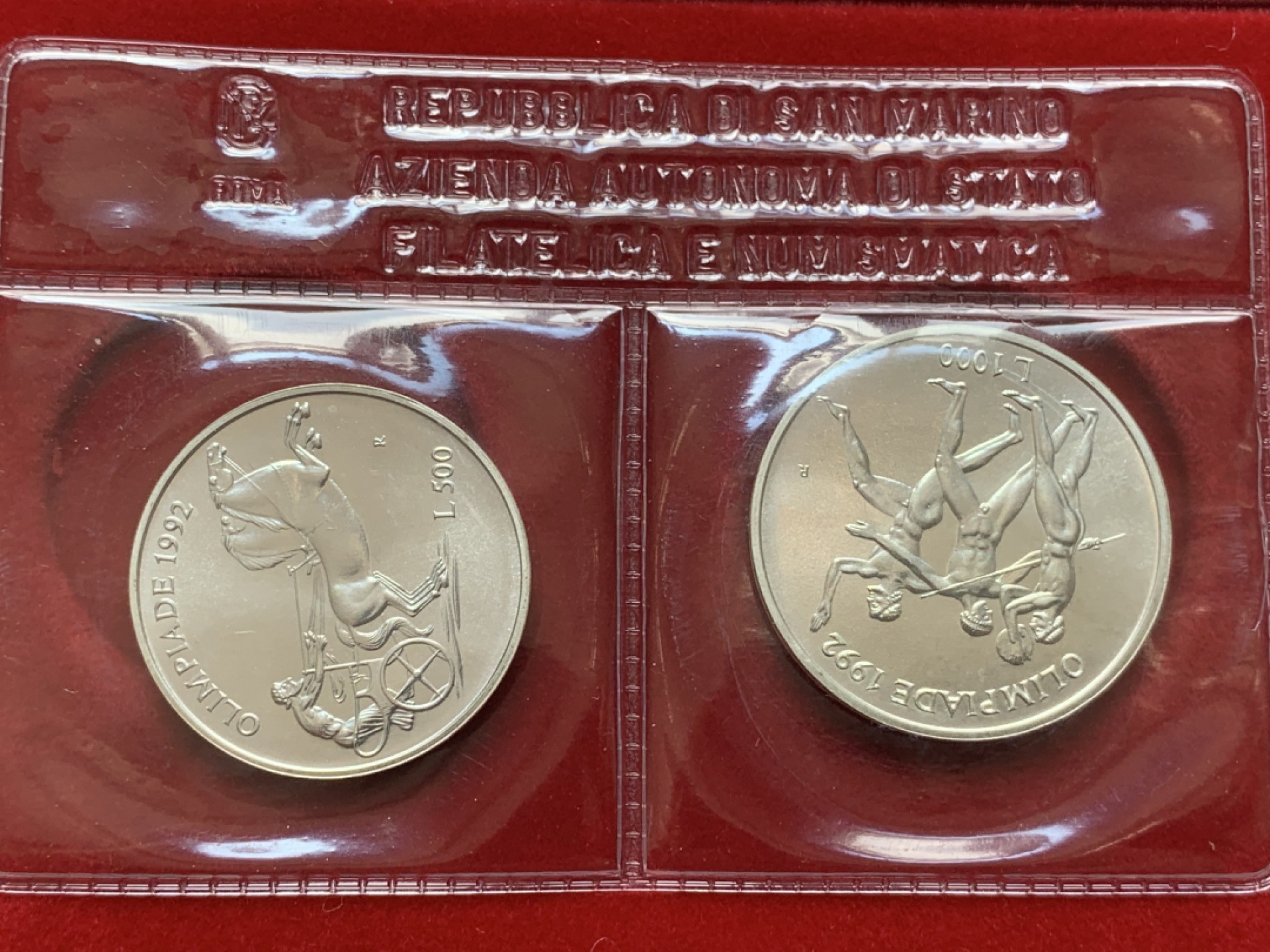 《竞宝斋》第79场-本周日，周一，周四3场拍卖（全场不限金额包邮） 原盒证书 圣马力诺 1992年 奥林匹克纪念 500和1000里拉 银币