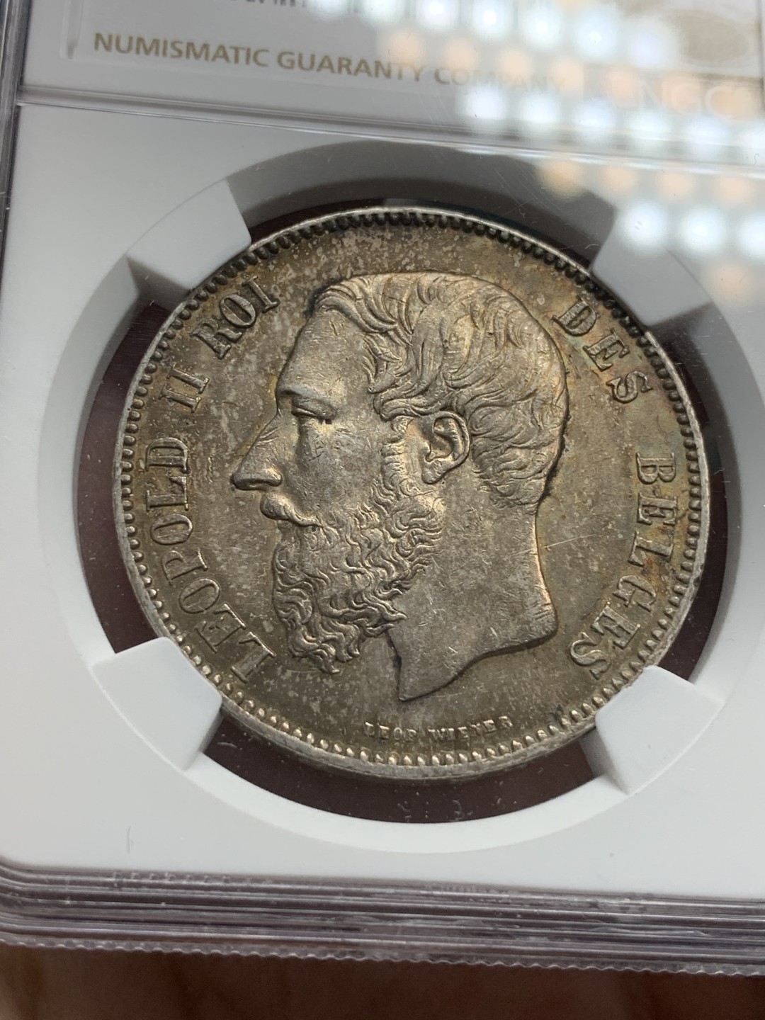 《竞宝斋》第79场-本周日，周一，周四3场拍卖（全场不限金额包邮） NGC-AU58 比利时 1870年 利奥波德二世 5法郎大银币 带彩带光 很漂亮