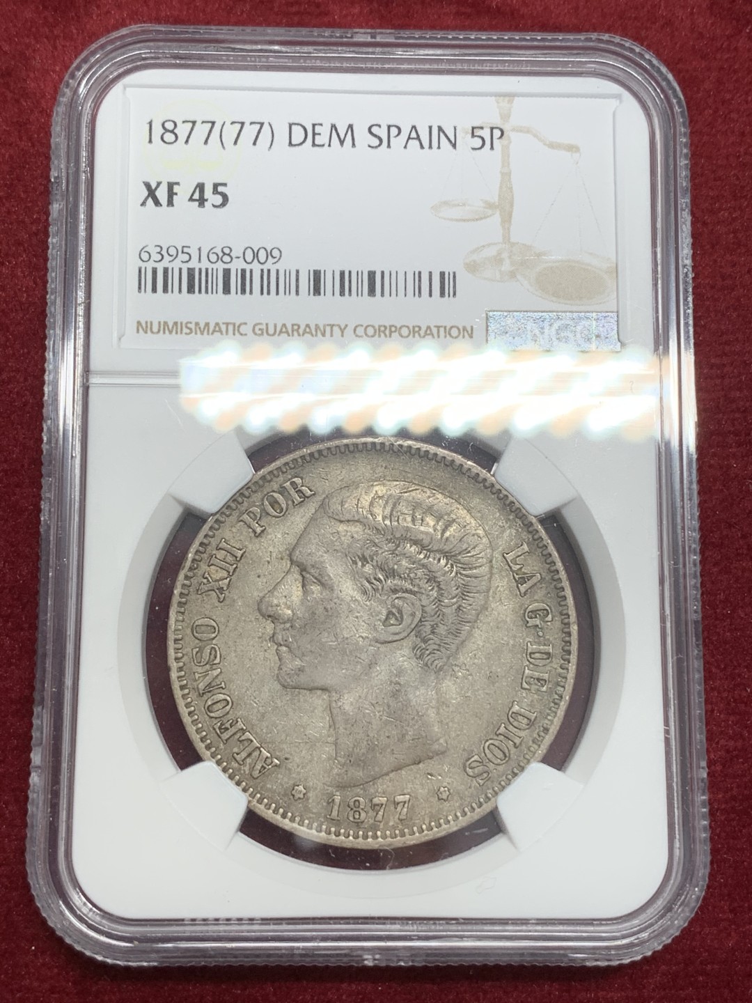 《竞宝斋》第79场-本周日，周一，周四3场拍卖（全场不限金额包邮） NGC-XF45 西班牙 1877年 阿方索十二世 5比塞塔双柱银币 原味好品