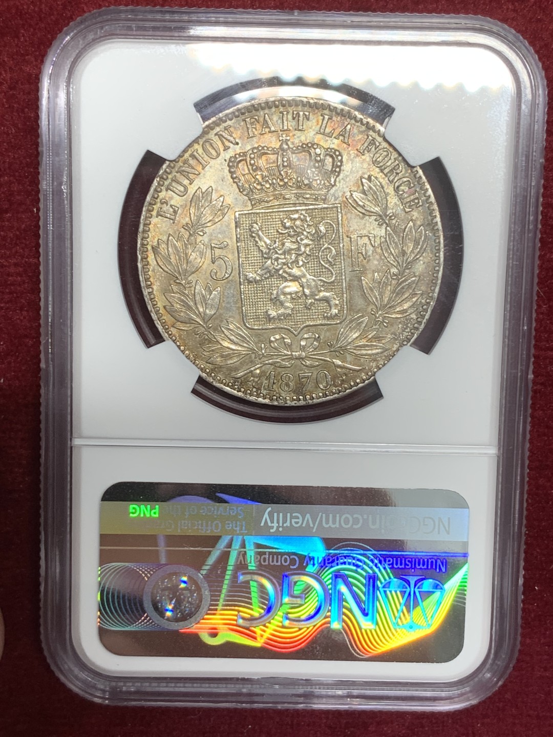 《竞宝斋》第79场-本周日，周一，周四3场拍卖（全场不限金额包邮） NGC-AU58 比利时 1870年 利奥波德二世 5法郎大银币 带彩带光 很漂亮