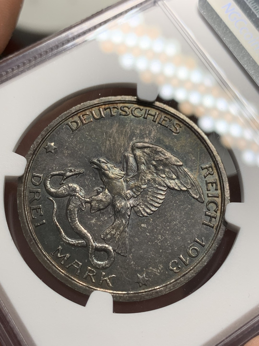 《竞宝斋》第79场-本周日，周一，周四3场拍卖（全场不限金额包邮） NGC-MS63 德国普鲁士 1913年 普法战争3马克 银币 环彩顶级品相