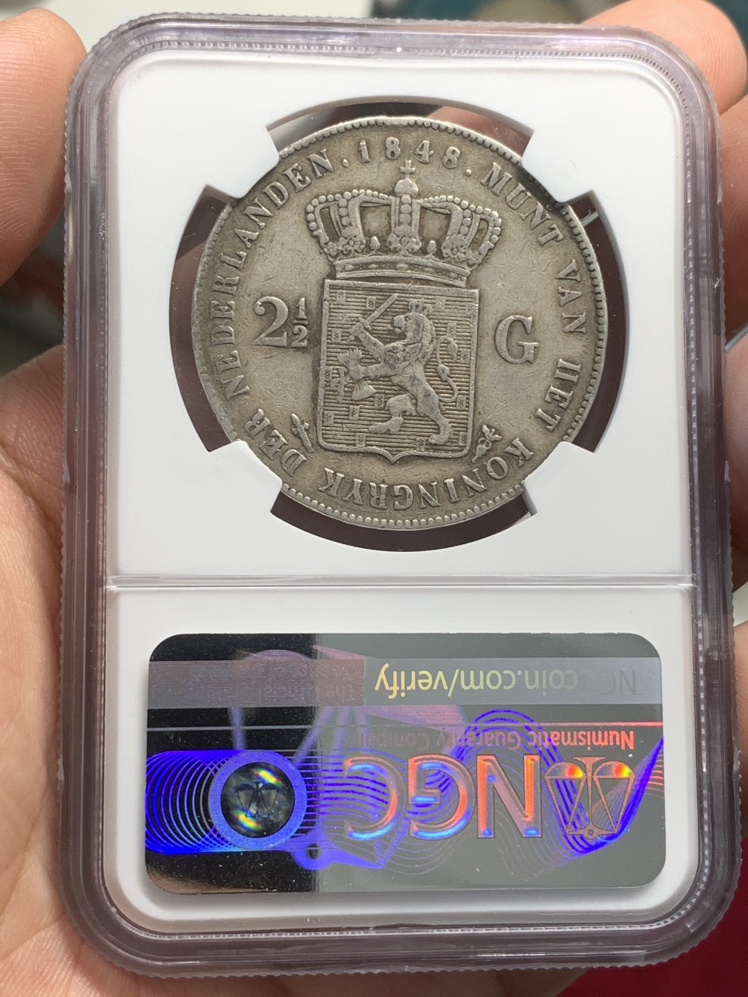 《竞宝斋》第79场-本周日，周一，周四3场拍卖（全场不限金额包邮） NGC-VF35 荷兰 1848年威廉二世长脖子版 2.5盾 大银币 此版出分很难很难