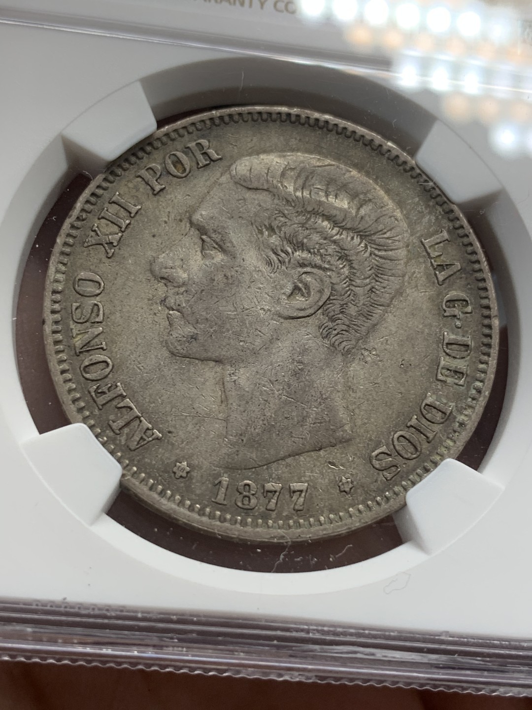 《竞宝斋》第79场-本周日，周一，周四3场拍卖（全场不限金额包邮） NGC-XF45 西班牙 1877年 阿方索十二世 5比塞塔双柱银币 原味好品