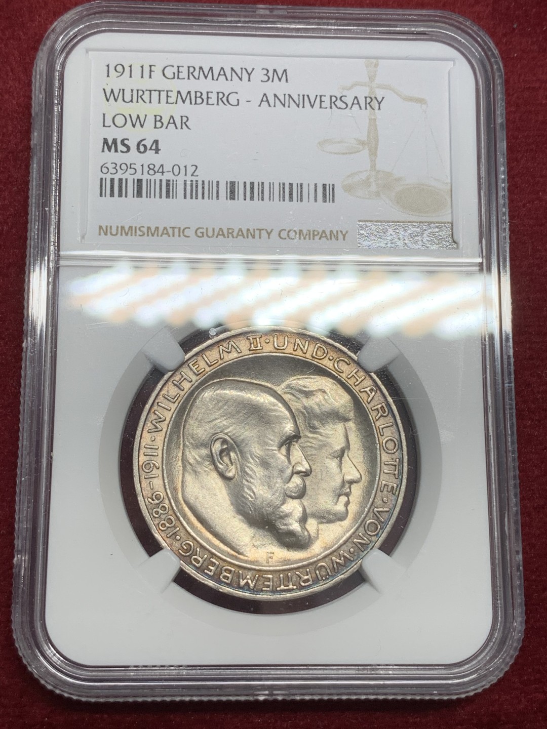《竞宝斋》第79场-本周日，周一，周四3场拍卖（全场不限金额包邮） NGC-MS64 德国1911-F年 符腾堡金婚 3马克银币   味道也不错