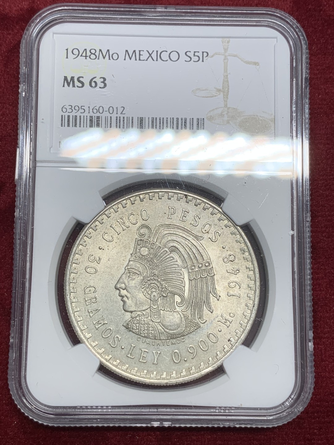 《竞宝斋》第79场-本周日，周一，周四3场拍卖（全场不限金额包邮） NGC-MS63 墨西哥 1948年印第安人头像 5比索超大型银币 原光好品