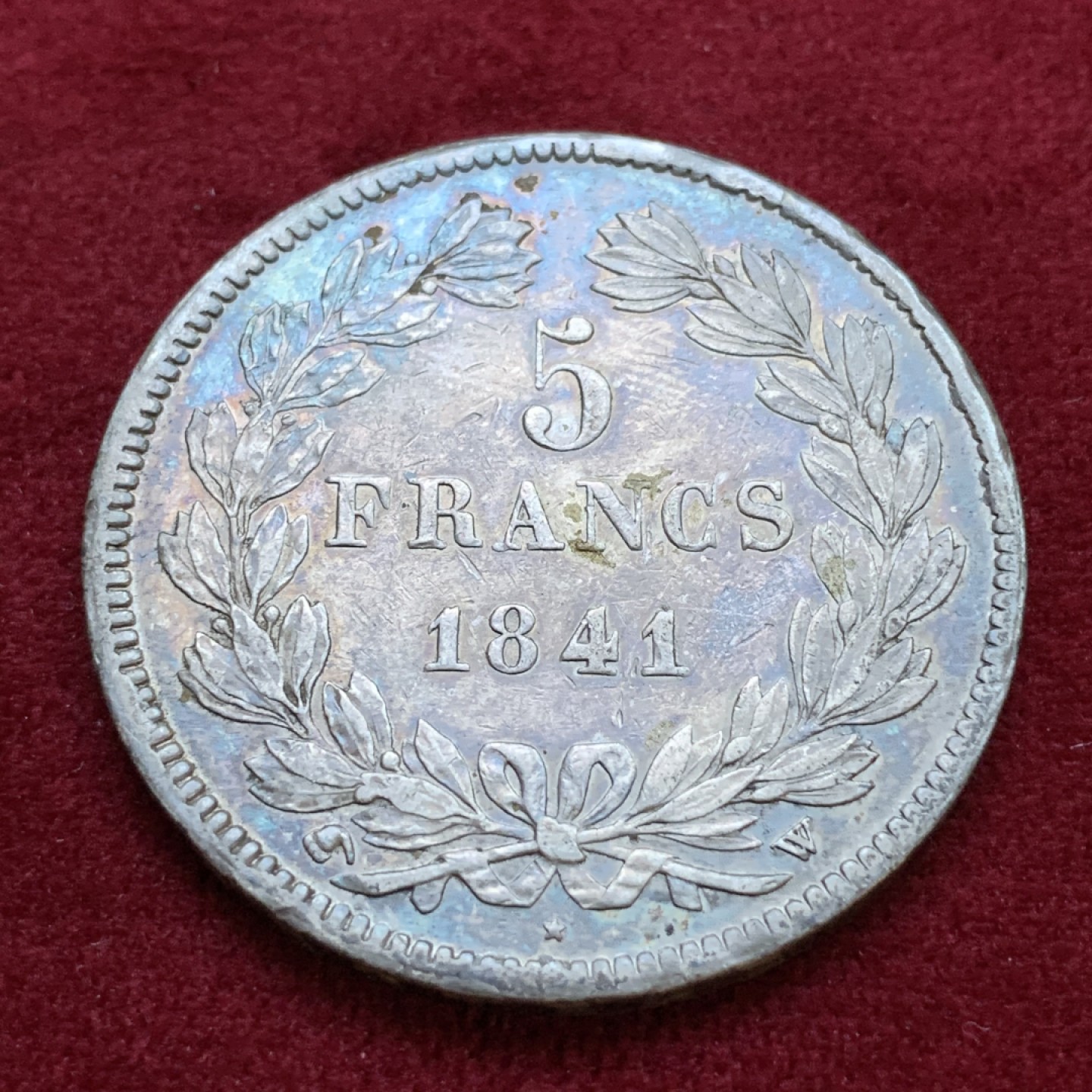 《竞宝斋》第79场-本周日，周一，周四3场拍卖（全场不限金额包邮） 法国 1841-W年 菲利普一世 5法郎 银币 五彩包浆 边缘是铸缺