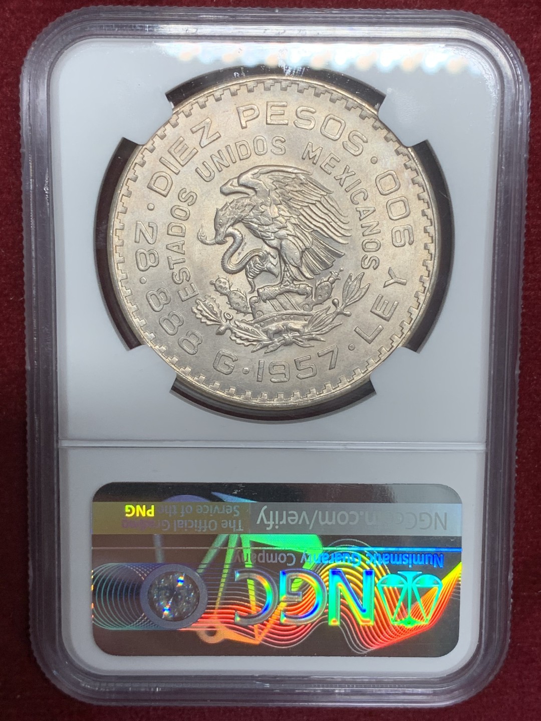 《竞宝斋》第79场-本周日，周一，周四3场拍卖（全场不限金额包邮） NGC-MS63 墨西哥 1957年 宪法百年纪念 10比索大银币 稀少品种