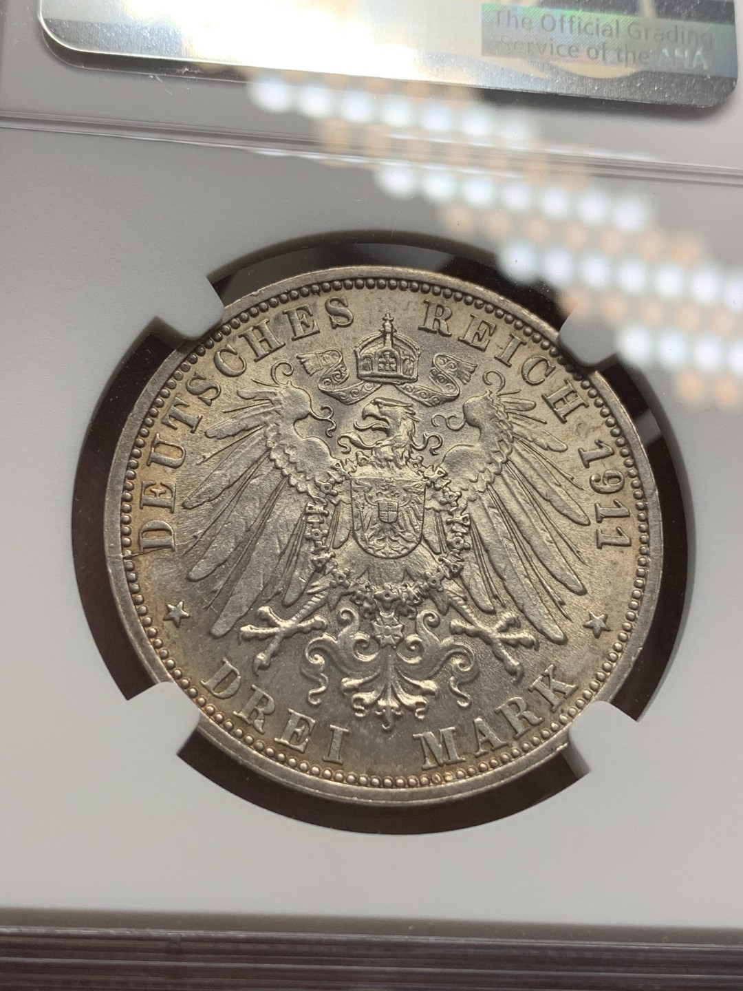 《竞宝斋》第79场-本周日，周一，周四3场拍卖（全场不限金额包邮） NGC-MS64 德国1911-F年 符腾堡金婚 3马克银币   味道也不错