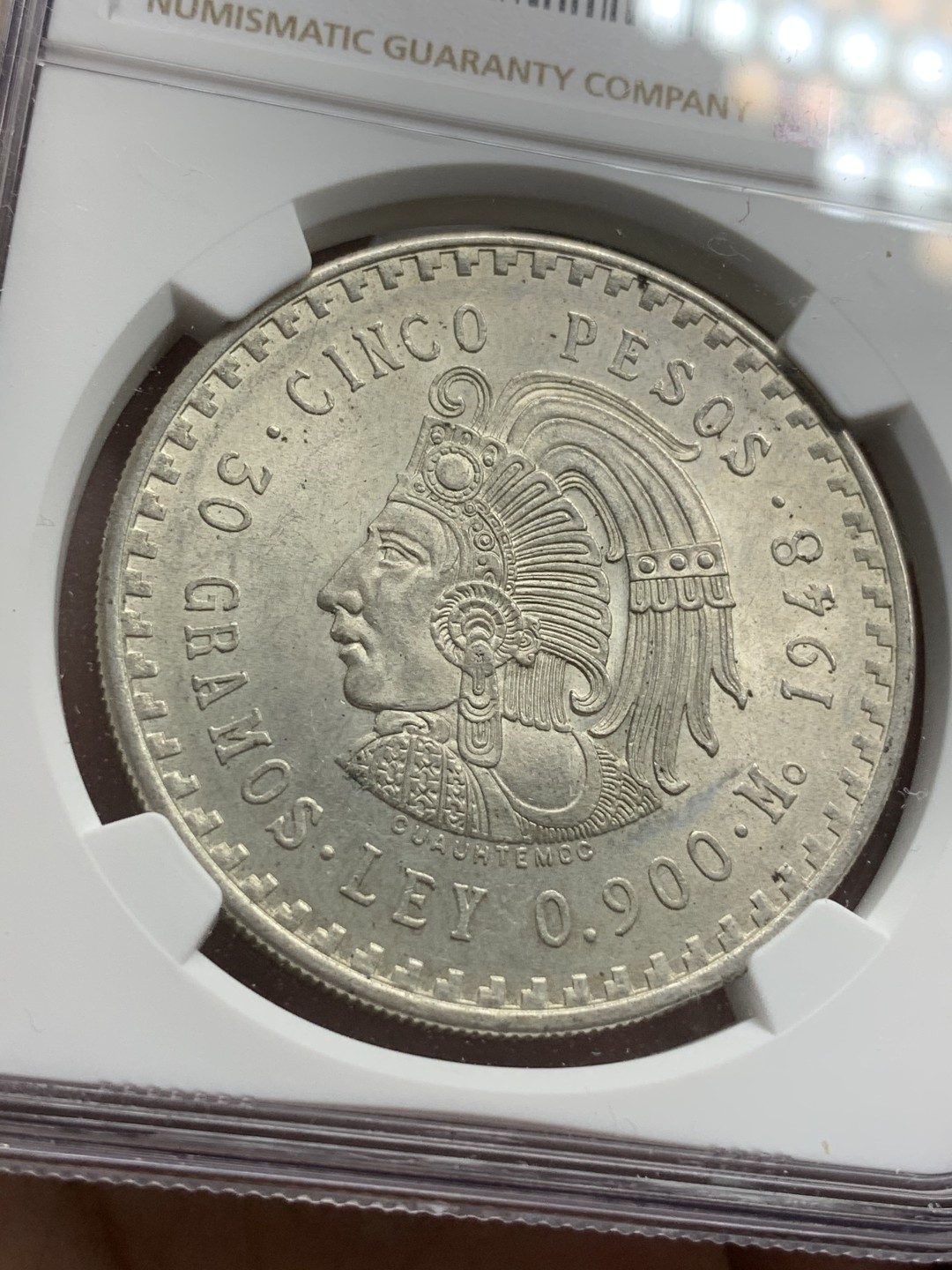 《竞宝斋》第79场-本周日，周一，周四3场拍卖（全场不限金额包邮） NGC-MS63 墨西哥 1948年印第安人头像 5比索超大型银币 原光好品