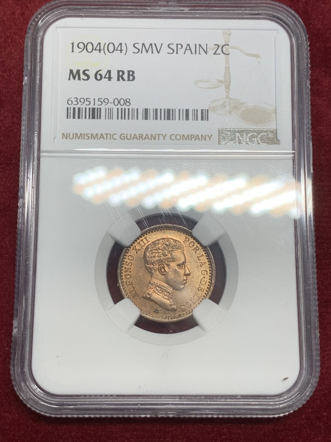 《竞宝斋》第79场-本周日，周一，周四3场拍卖（全场不限金额包邮） NGC-MS64RB 西班牙 1904年 阿方索十三世 军装版 2分铜币 顶级分数了