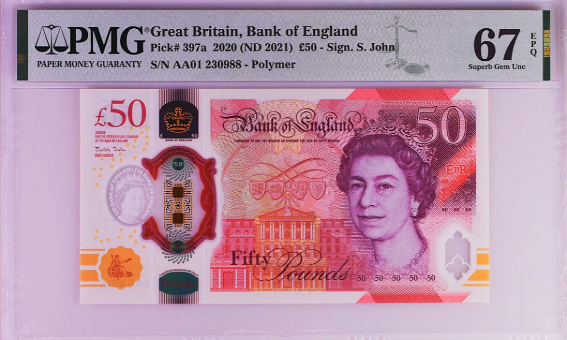《张总收藏》66期——初版首发 英国50镑首发A01冠PMG67E靓号尾88无47 2020年 图灵