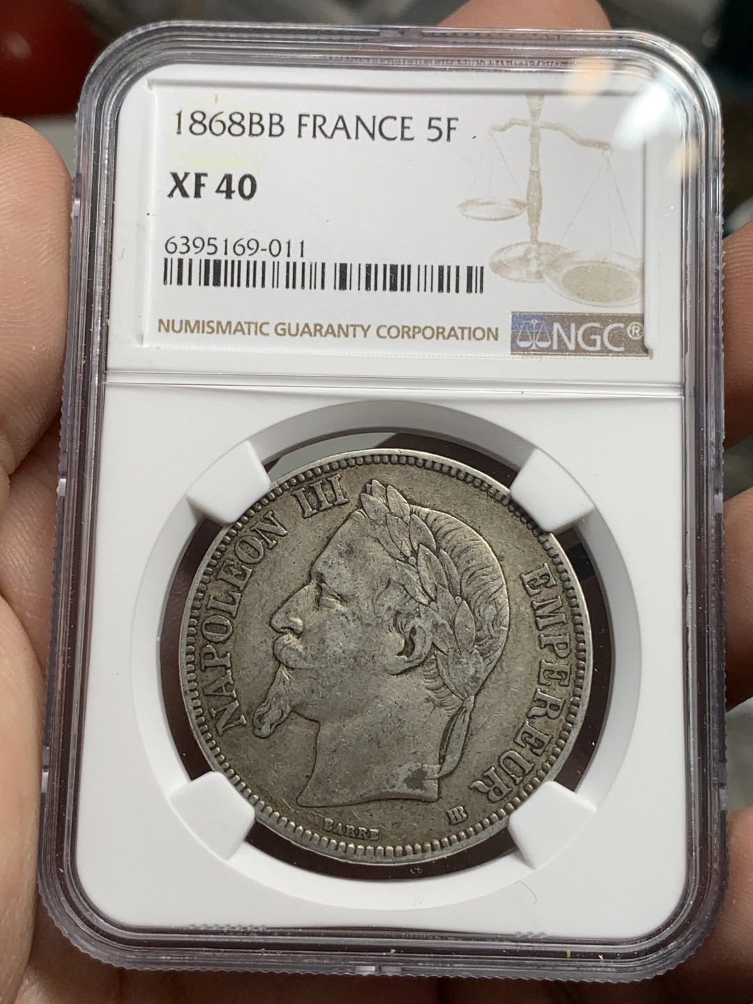 《竞宝斋》第79场-本周日，周一，周四3场拍卖（全场不限金额包邮） NGC-XF40 法国 1868BB年 拿破仑三世 5法郎大银币 原味好品