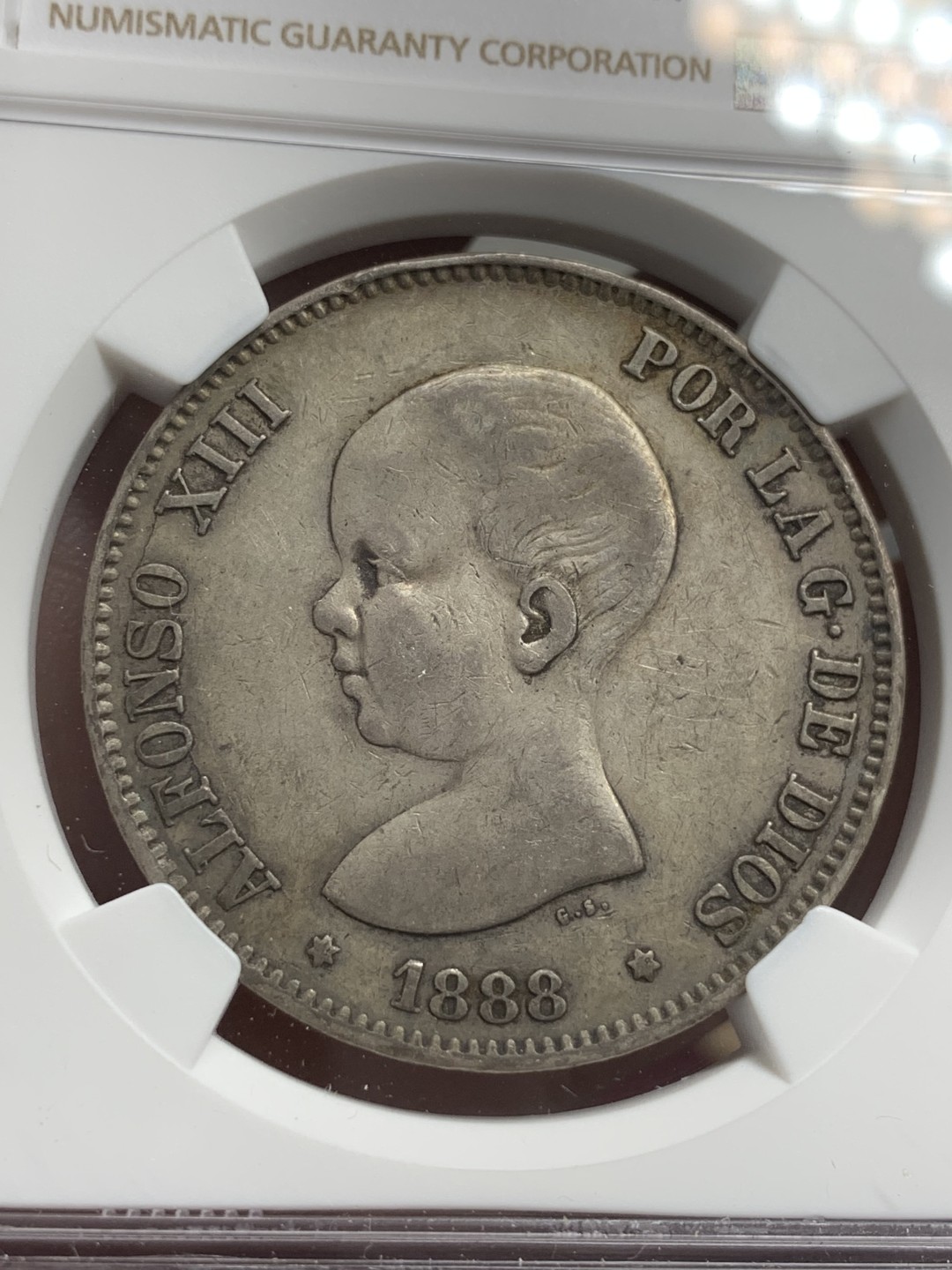 《竞宝斋》第79场-本周日，周一，周四3场拍卖（全场不限金额包邮） NGC-XF45 西班牙 1888年 阿方索十三世5比塞塔 双柱大银币 发财包浆发财年份