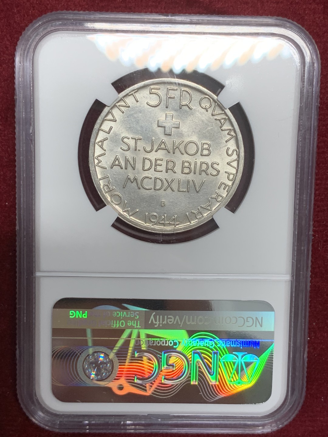 《竞宝斋》第79场-本周日，周一，周四3场拍卖（全场不限金额包邮） NGC-MS62 瑞士 1944年 圣贾戈普战役500周年纪念 5法郎大银币原光好品