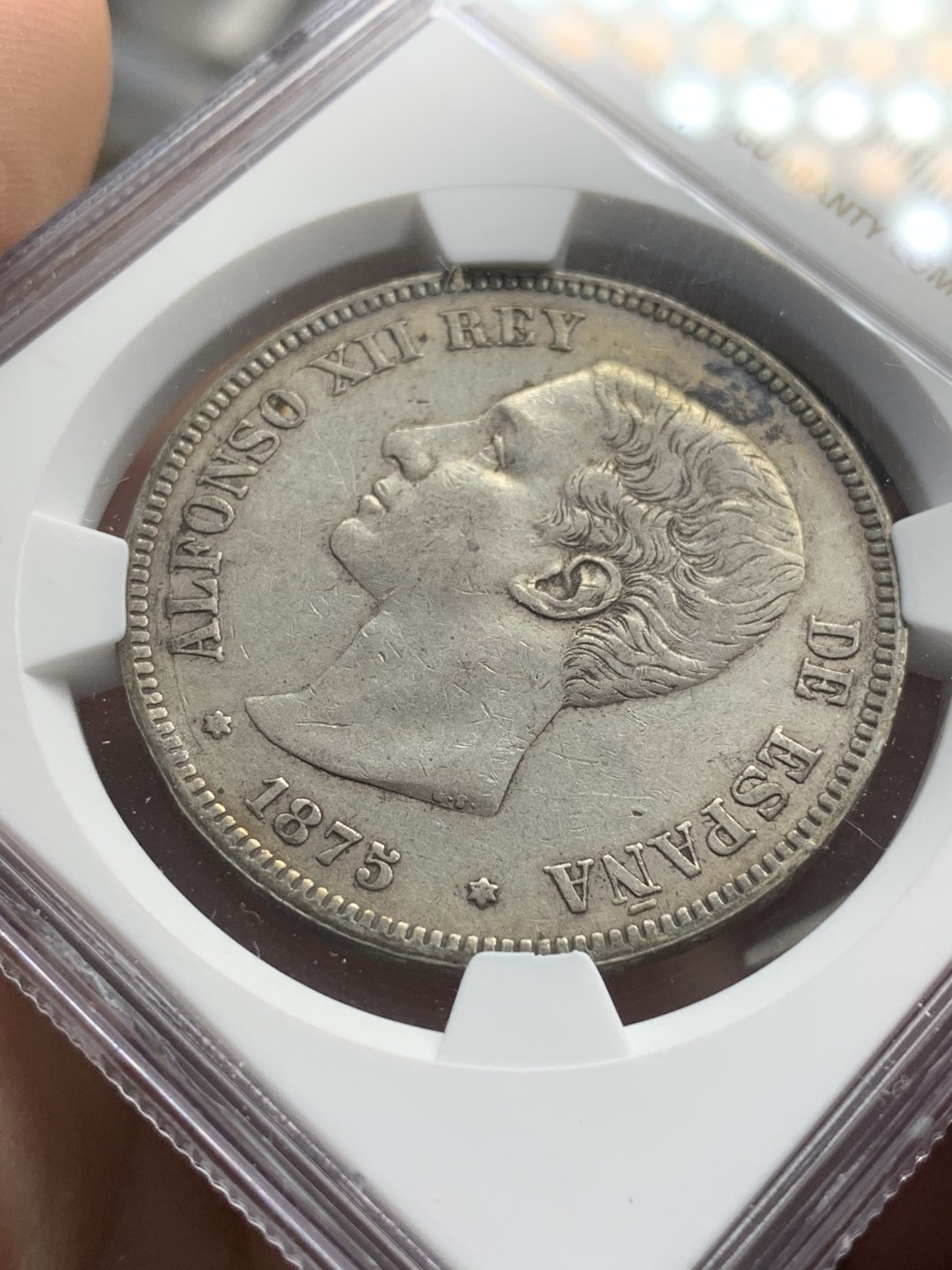 《竞宝斋》第79场-本周日，周一，周四3场拍卖（全场不限金额包邮） NGC-XF45 西班牙 1875年 阿方索十二世 5比塞塔双柱大银币 原味好品