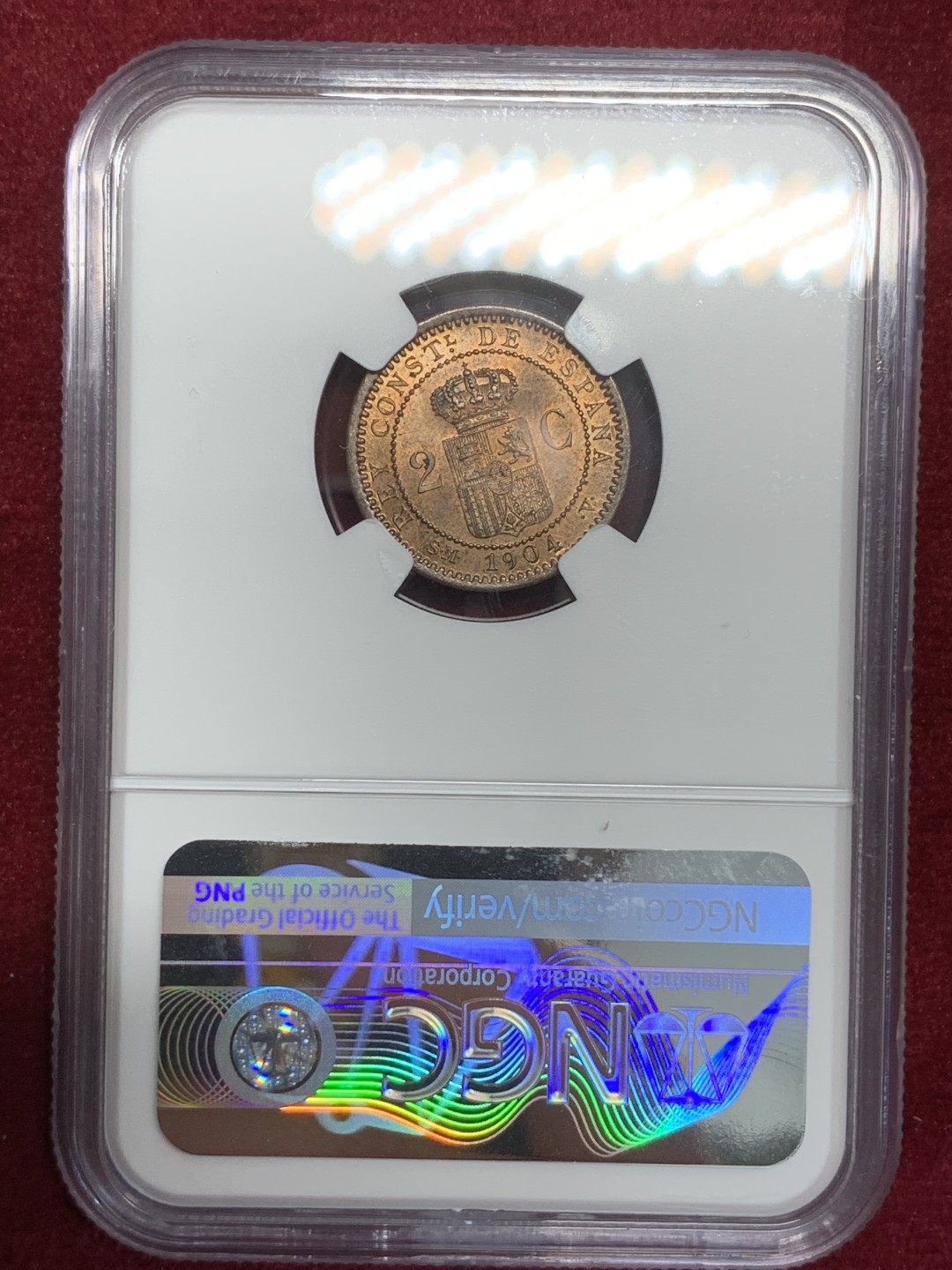 《竞宝斋》第79场-本周日，周一，周四3场拍卖（全场不限金额包邮） NGC-MS64RB 西班牙 1904年 阿方索十三世 军装版 2分铜币 顶级分数了