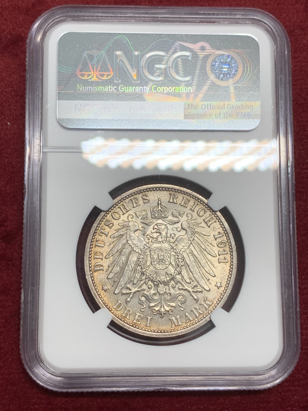 《竞宝斋》第79场-本周日，周一，周四3场拍卖（全场不限金额包邮） NGC-MS64 德国1911-F年 符腾堡金婚 3马克银币   味道也不错