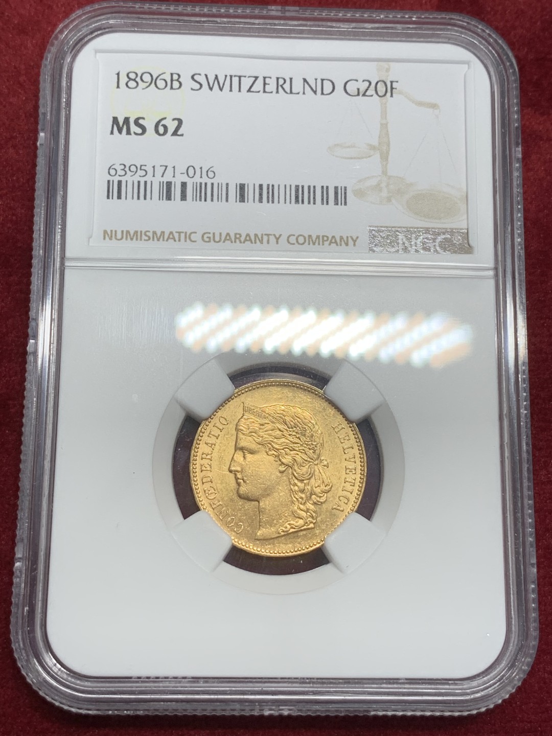 《竞宝斋》第79场-本周日，周一，周四3场拍卖（全场不限金额包邮） NGC-MS62 瑞士 1896年 早期自由女神头像 20法郎金币 早期高分 稀少