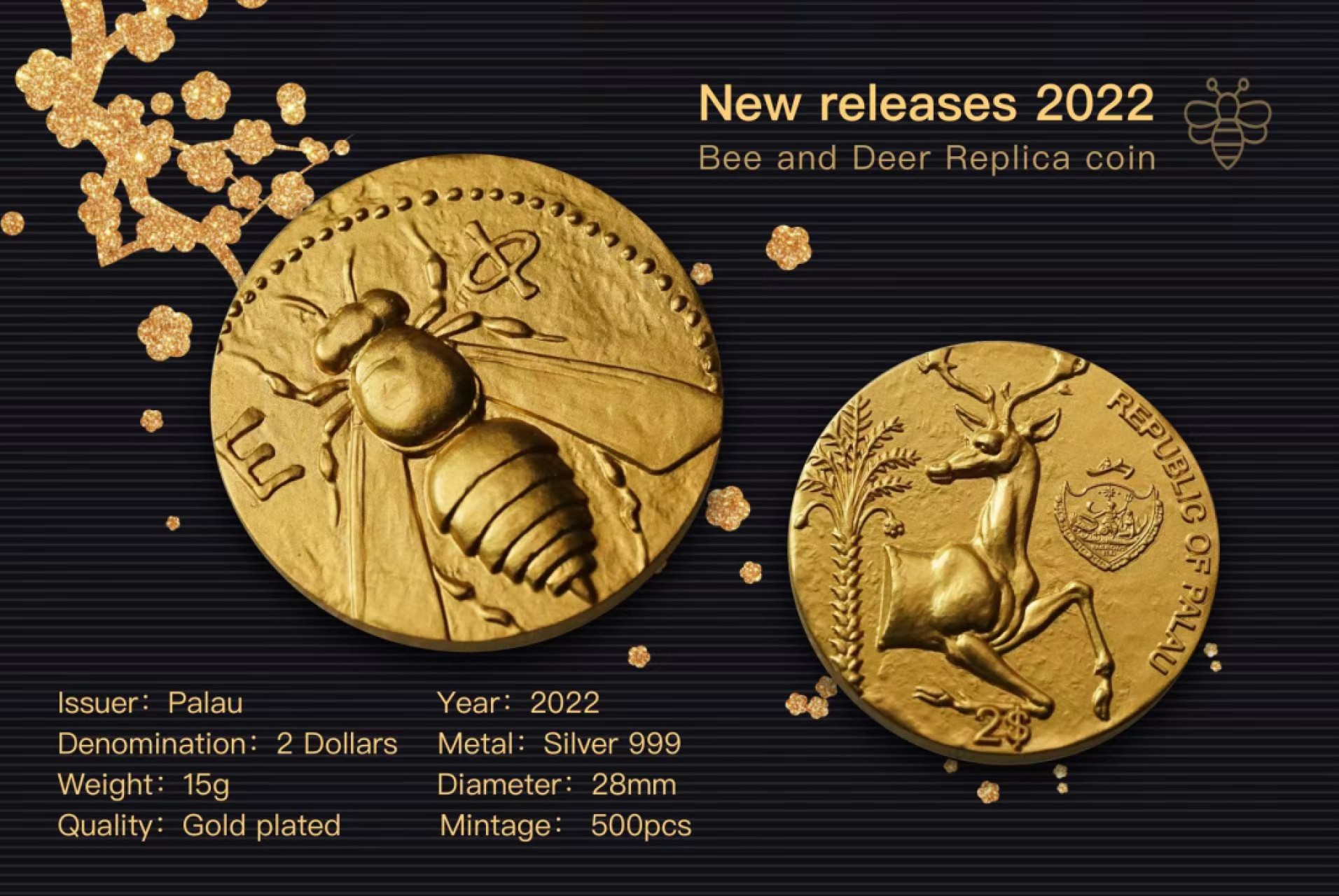 【海寧潮现货】帕劳2022年珍稀币复刻3古希腊蜜蜂和雄鹿镀金银币