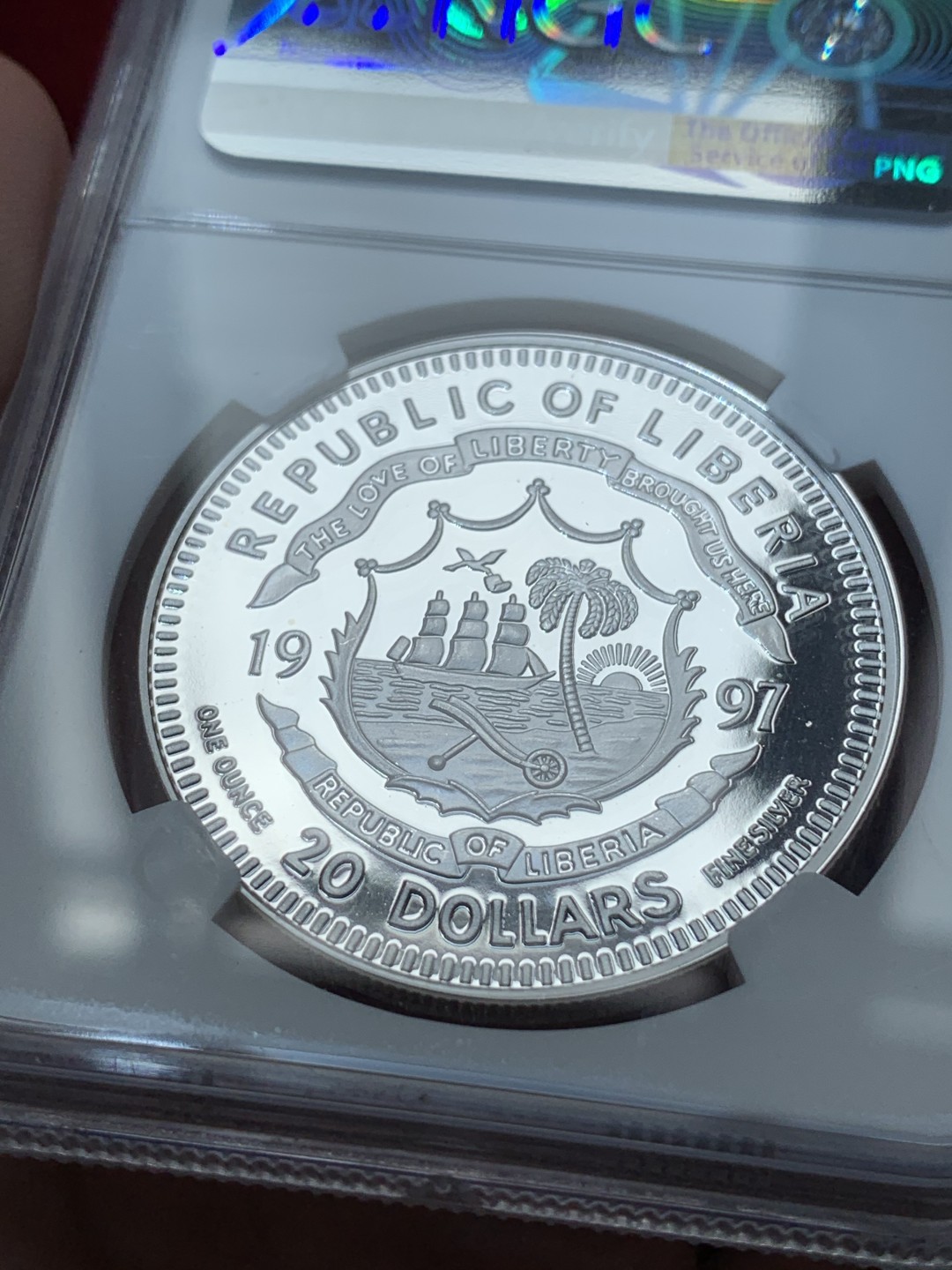 《竞宝斋》第79场-本周日，周一，周四3场拍卖（全场不限金额包邮） 利比里亚1997年小平盎司级纪念币2枚，含盎司级银币，NGC评级亚军分