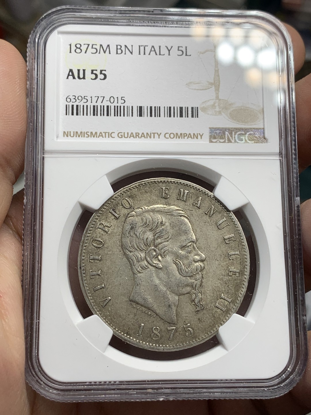 《竞宝斋》第79场-本周日，周一，周四3场拍卖（全场不限金额包邮） NGC-AU55 意大利1875M年 艾曼纽尔二世 5里拉大银币