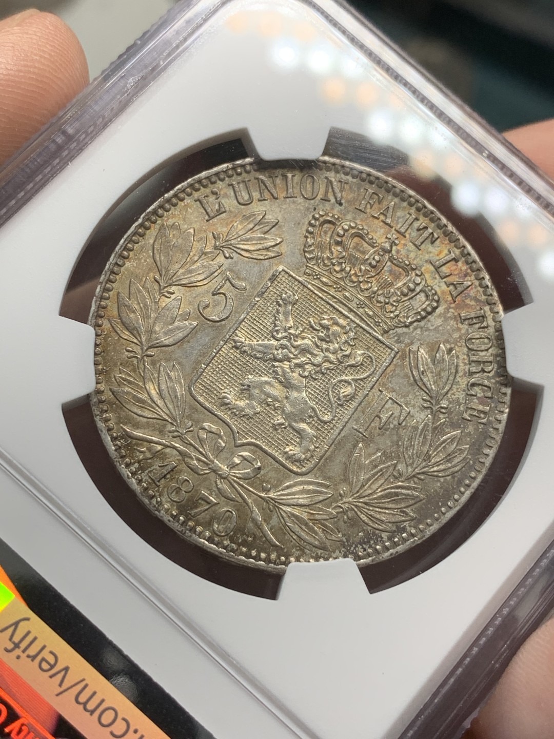 《竞宝斋》第79场-本周日，周一，周四3场拍卖（全场不限金额包邮） NGC-AU58 比利时 1870年 利奥波德二世 5法郎大银币 带彩带光 很漂亮