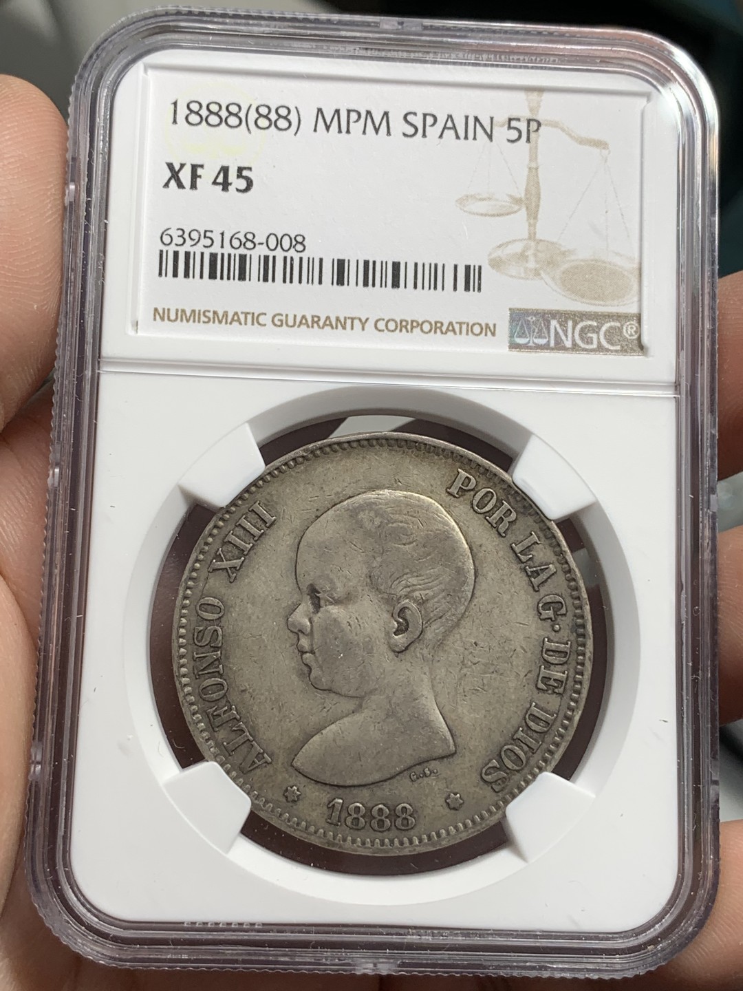《竞宝斋》第79场-本周日，周一，周四3场拍卖（全场不限金额包邮） NGC-XF45 西班牙 1888年 阿方索十三世5比塞塔 双柱大银币 发财包浆发财年份
