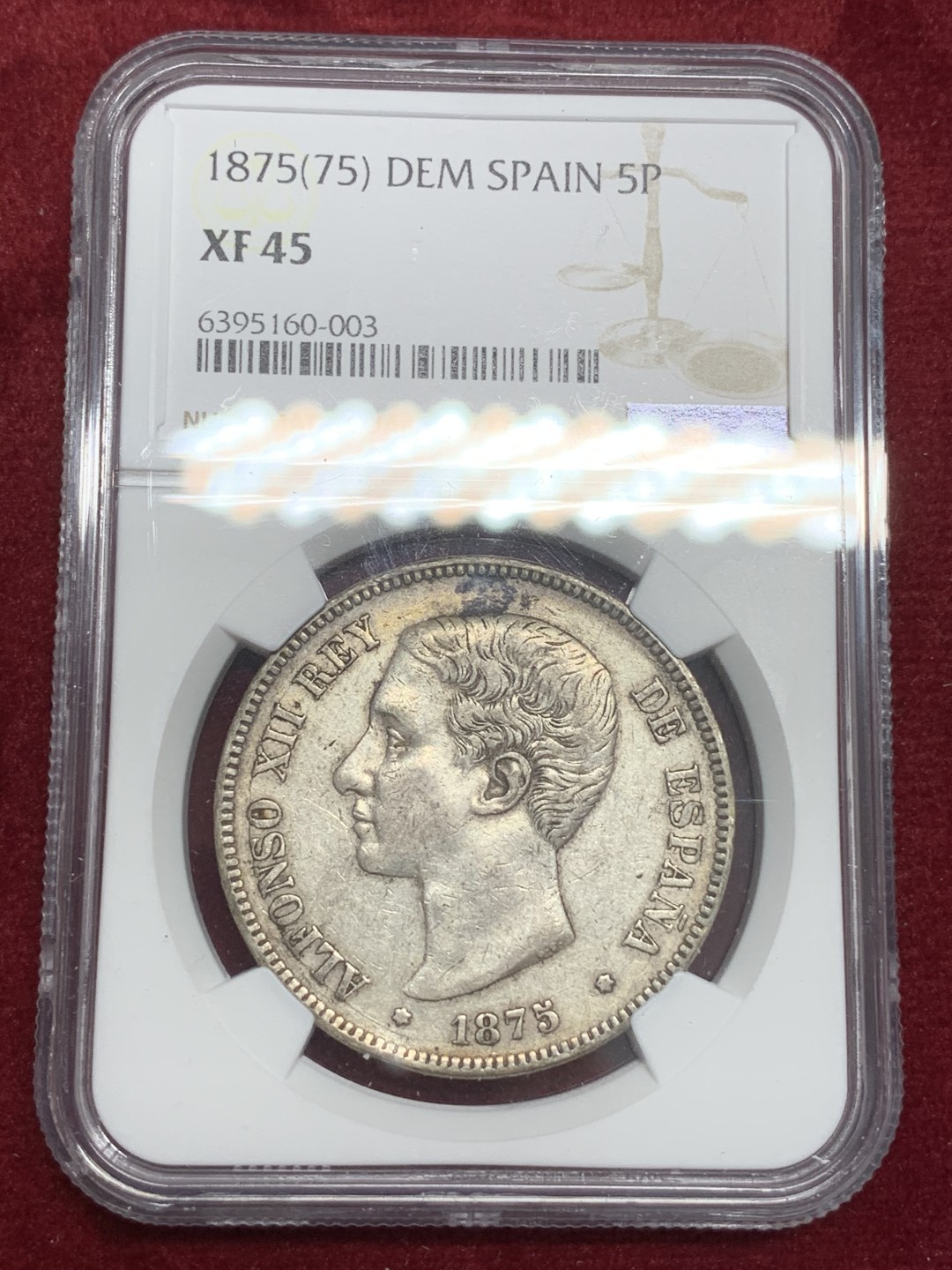 《竞宝斋》第79场-本周日，周一，周四3场拍卖（全场不限金额包邮） NGC-XF45 西班牙 1875年 阿方索十二世 5比塞塔双柱大银币 原味好品