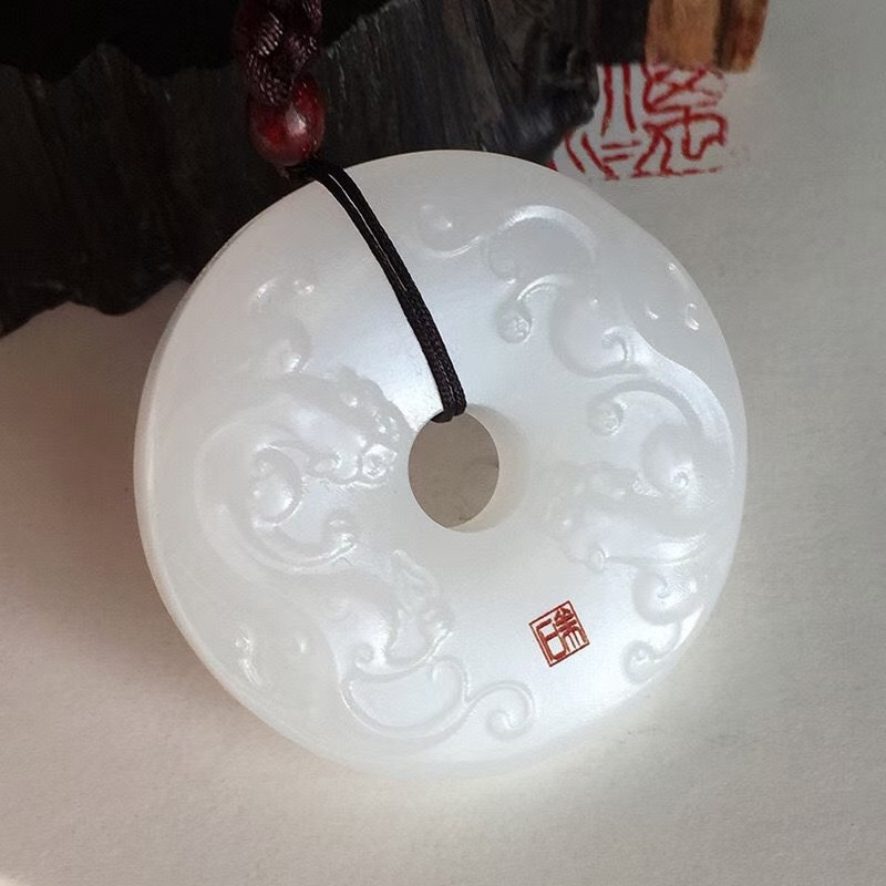 天然正品羊脂白玉貔貅吊坠阿富汗玉男款平安扣项链挂坠玉石48mm