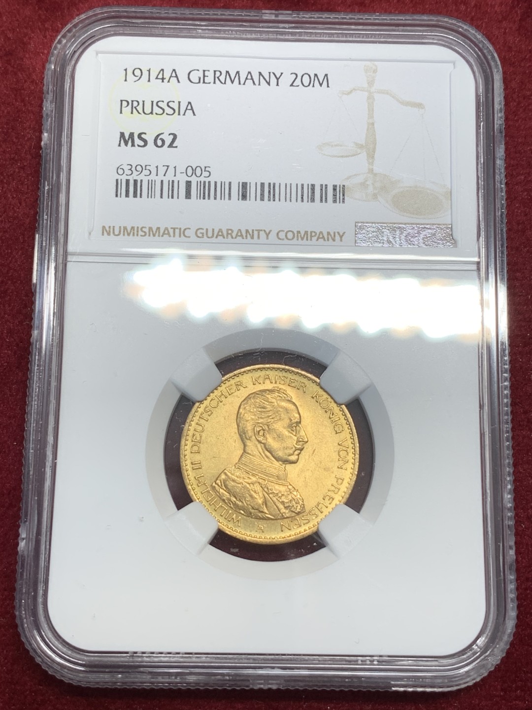《竞宝斋》第79场-本周日，周一，周四3场拍卖（全场不限金额包邮） NGC-MS62 德国 1914年 普鲁士军装版 20马克金币 较少见的版式