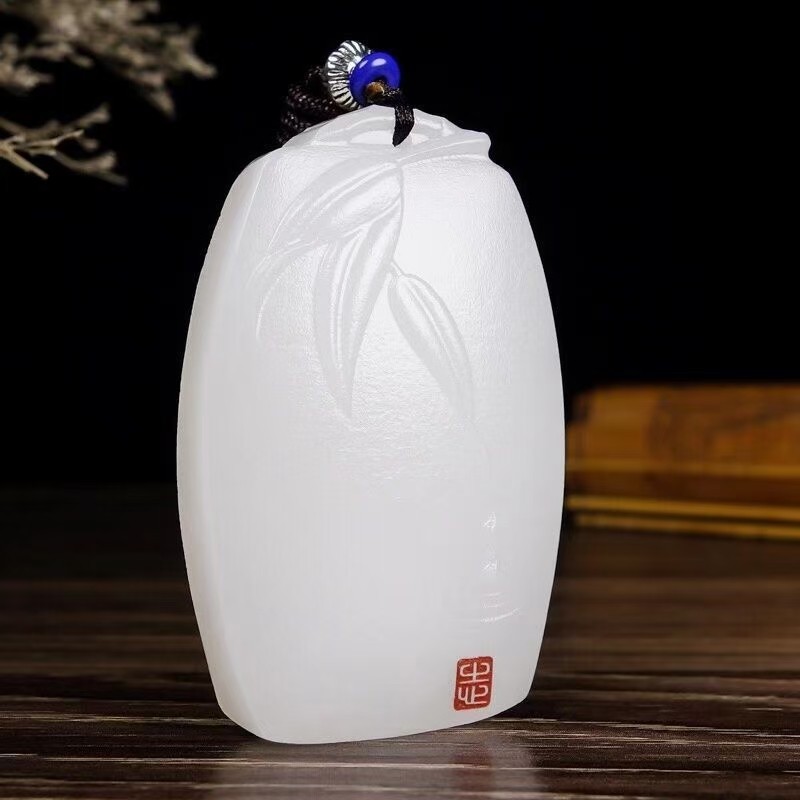 送证书羊脂白真玉玉石吊坠玉佩竹叶点水男女款挂件阿富汗白玉牌子