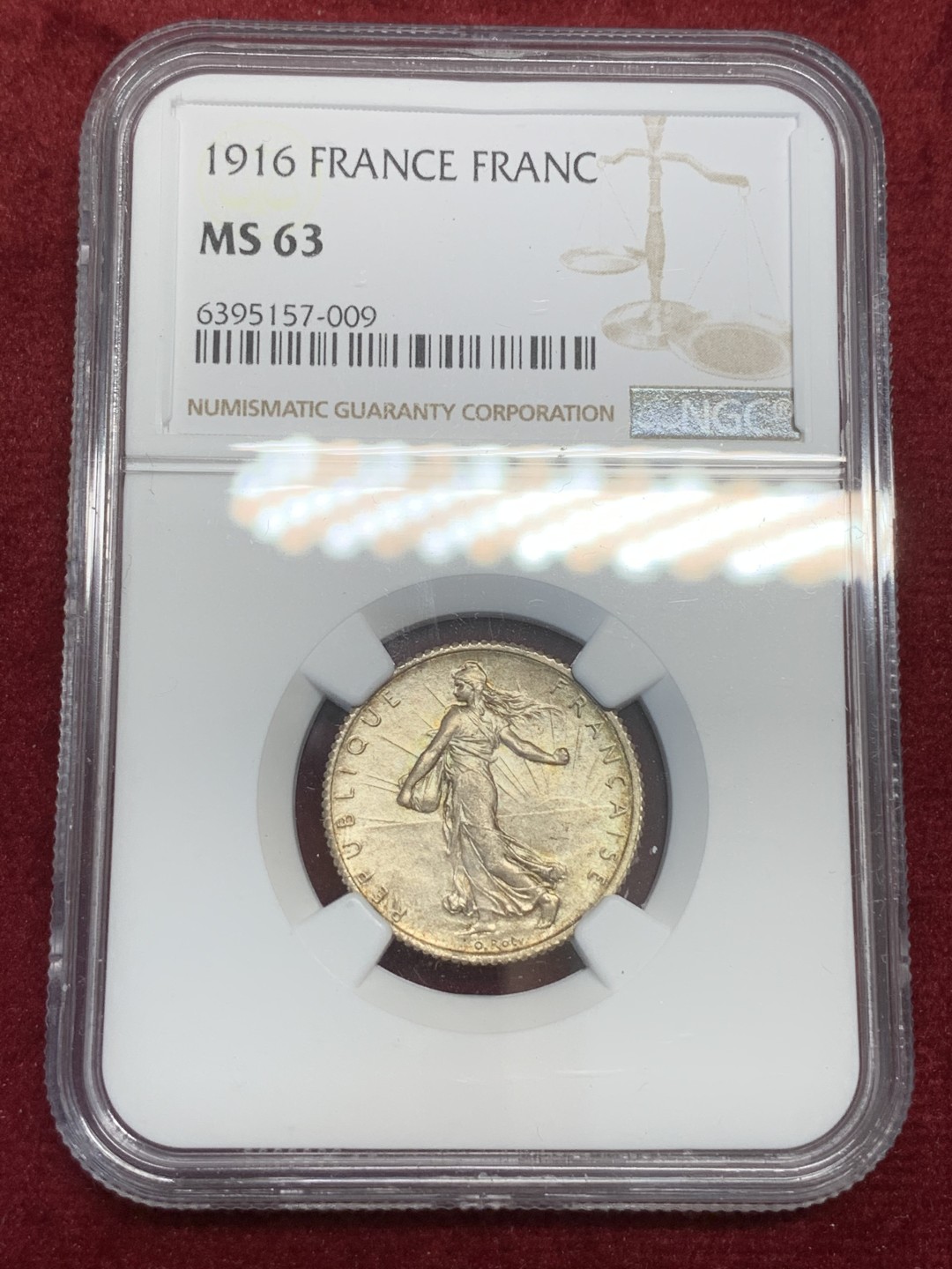 《竞宝斋》第79场-本周日，周一，周四3场拍卖（全场不限金额包邮） NGC-MS63 法国1916年 播种女神 1法郎银币 带彩好品