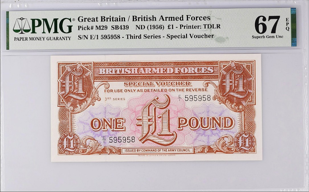 《张总收藏》66期——初版首发 英国军票1镑E1冠PMG67E难上分稀少 无47尾8 1956年