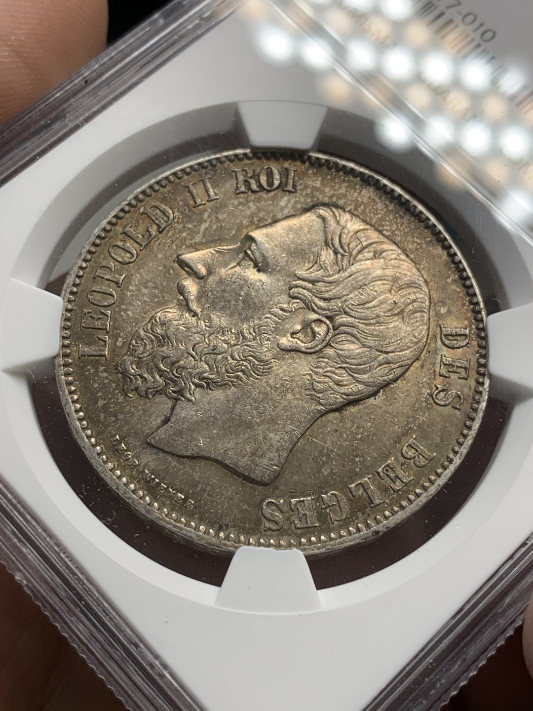 《竞宝斋》第79场-本周日，周一，周四3场拍卖（全场不限金额包邮） NGC-AU58 比利时 1870年 利奥波德二世 5法郎大银币 带彩带光 很漂亮