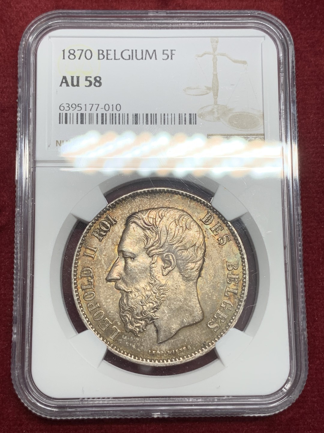 《竞宝斋》第79场-本周日，周一，周四3场拍卖（全场不限金额包邮） NGC-AU58 比利时 1870年 利奥波德二世 5法郎大银币 带彩带光 很漂亮