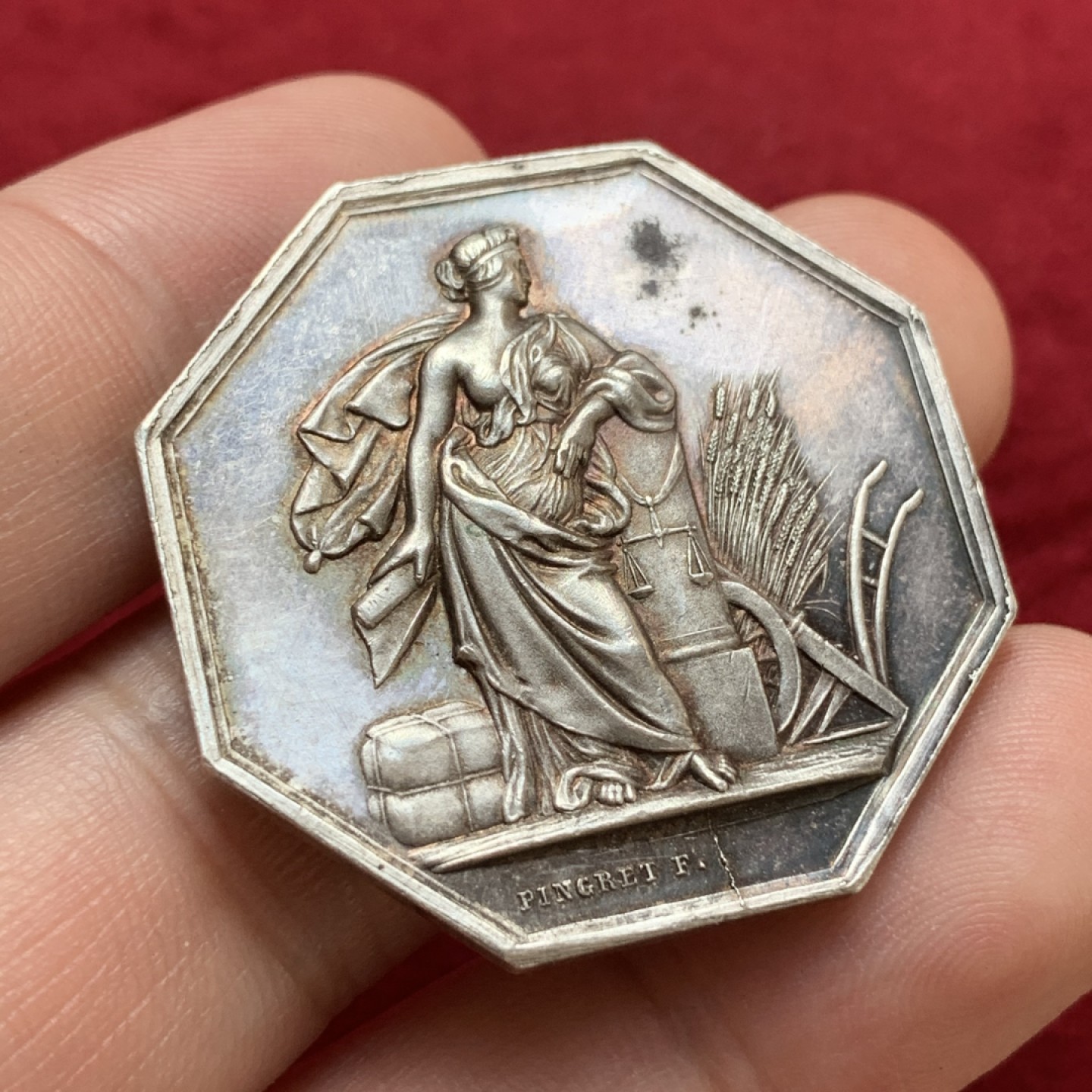 《竞宝斋》第79场-本周日，周一，周四3场拍卖（全场不限金额包邮） 法国 1844年 农业部女神版 JETON银质八角 对角38.9mm，重20.6克 大规格