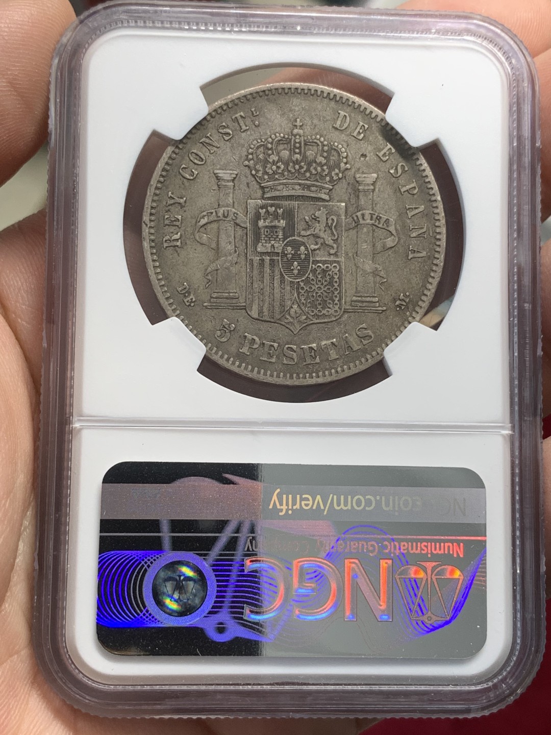 《竞宝斋》第79场-本周日，周一，周四3场拍卖（全场不限金额包邮） NGC-XF45 西班牙 1877年 阿方索十二世 5比塞塔双柱银币 原味好品