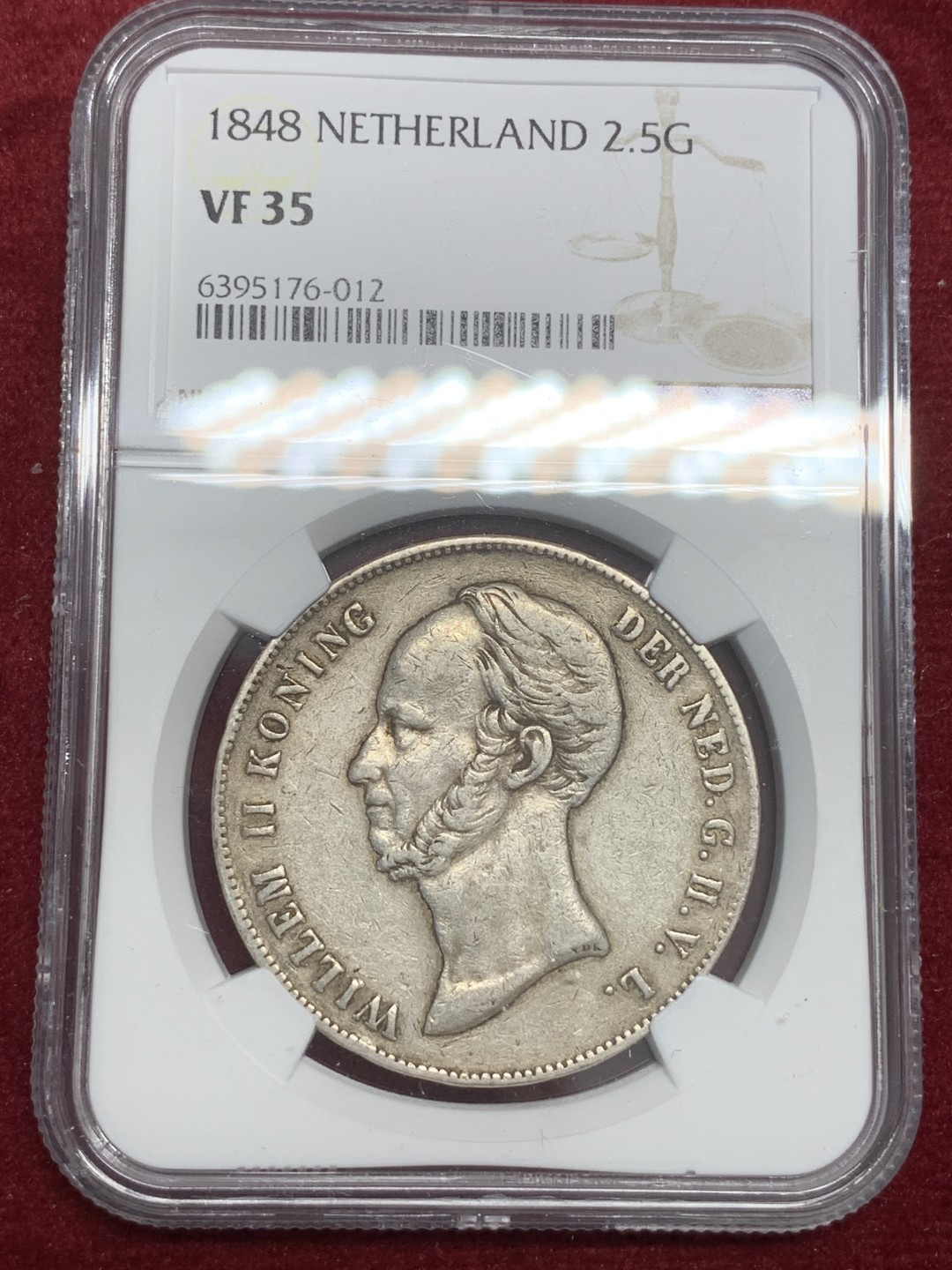 《竞宝斋》第79场-本周日，周一，周四3场拍卖（全场不限金额包邮） NGC-VF35 荷兰 1848年威廉二世长脖子版 2.5盾 大银币 此版出分很难很难