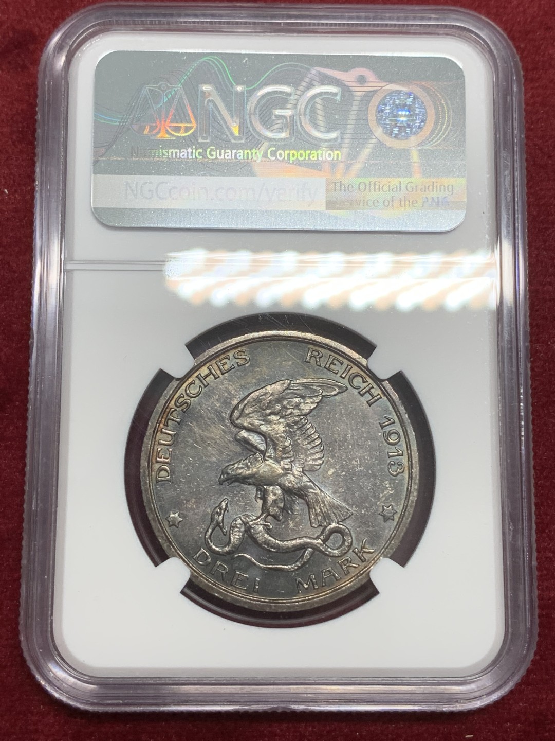 《竞宝斋》第79场-本周日，周一，周四3场拍卖（全场不限金额包邮） NGC-MS63 德国普鲁士 1913年 普法战争3马克 银币 环彩顶级品相