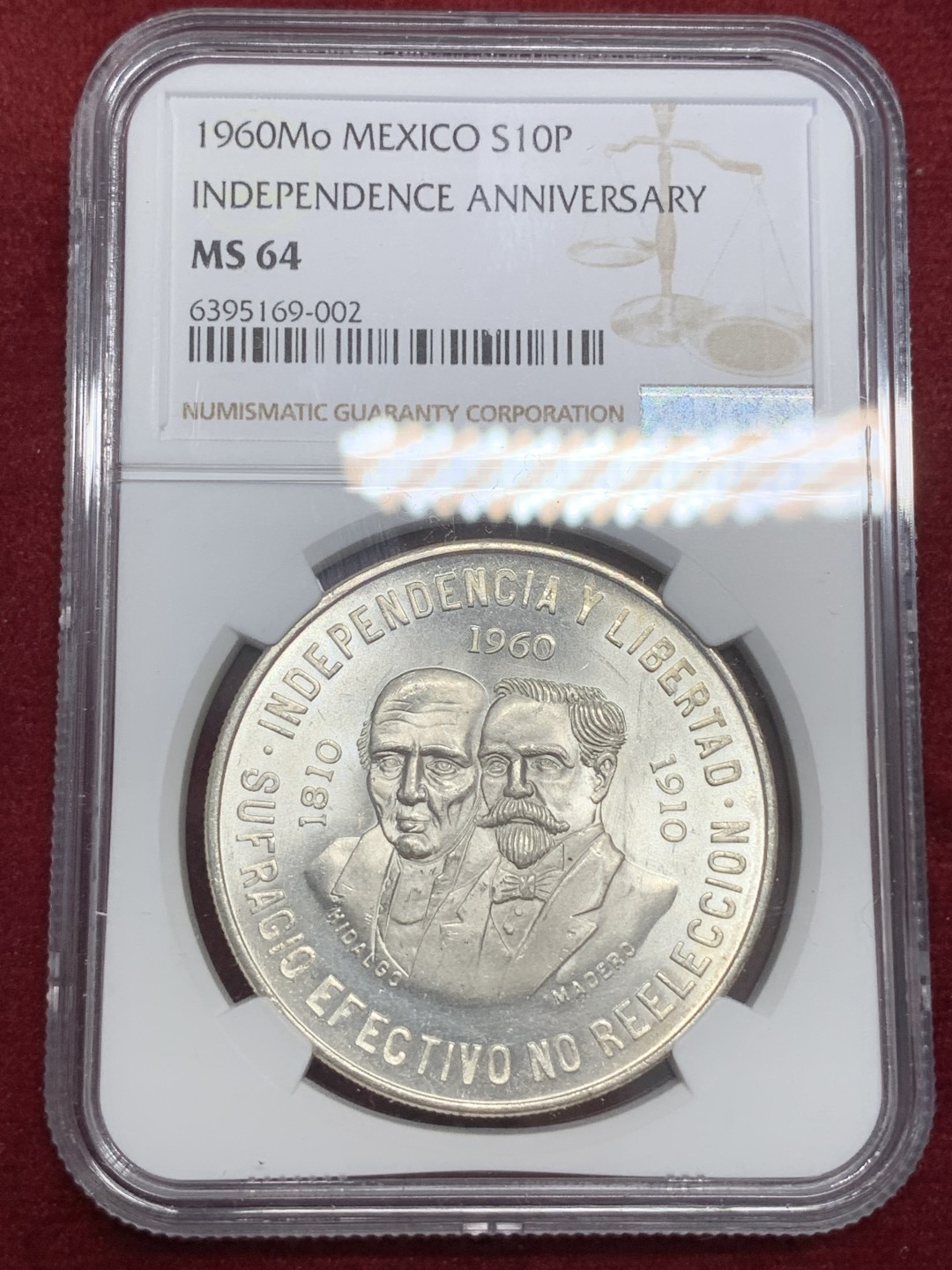 《竞宝斋》第79场-本周日，周一，周四3场拍卖（全场不限金额包邮） NGC-MS64 墨西哥 1960年 百年独立纪念 10比索大银币 爆光状态 顶呱呱