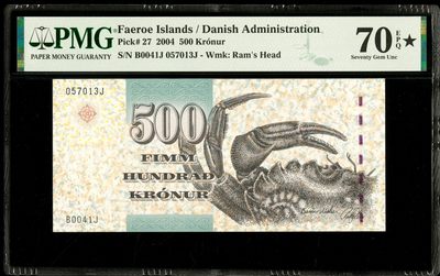 【Blue Auction】✨世界纸币精拍第209期【精】 - 【初版 满分冠军分】法罗群岛 2004年500克朗 次高值 大螃蟹 精美 PMG70EPQ星星