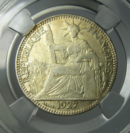 法属印支银币,坐洋10分,1927,19mm,2.7g, 自打标签盒子R0914jx