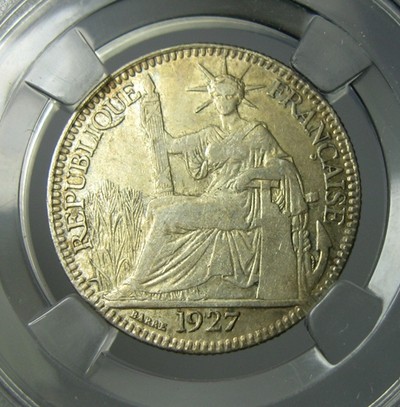 法属印支银币,坐洋10分,1927,19mm,2.7g, 自打标签盒子R0914jx - 法属印支银币,坐洋10分,1927,19mm,2.7g, 自打标签盒子R0914jx